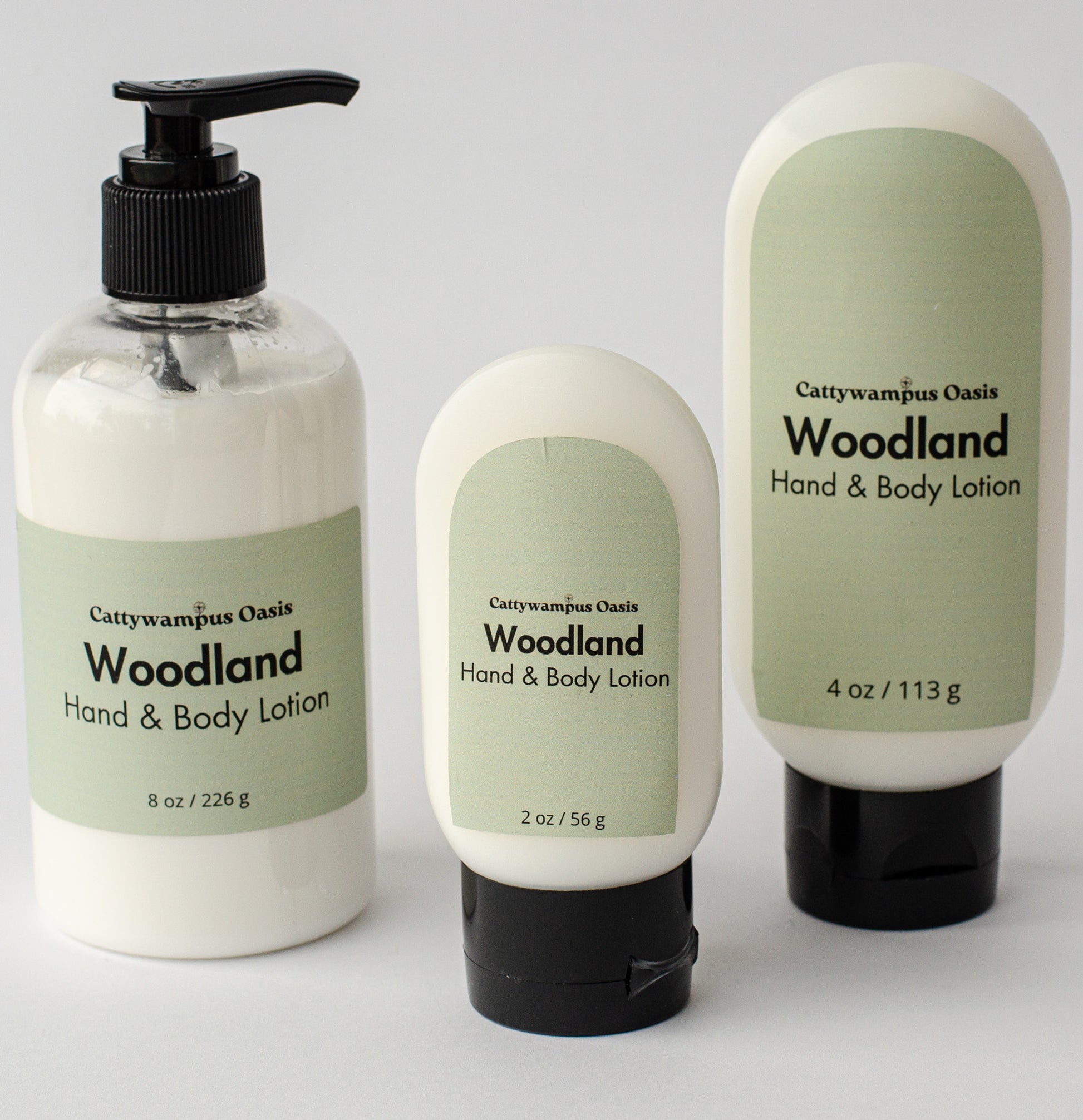 Tallow Hand and Body Lotion in 2 oz and 4oz tubes and 8 oz pump bottle. Woodland scented.